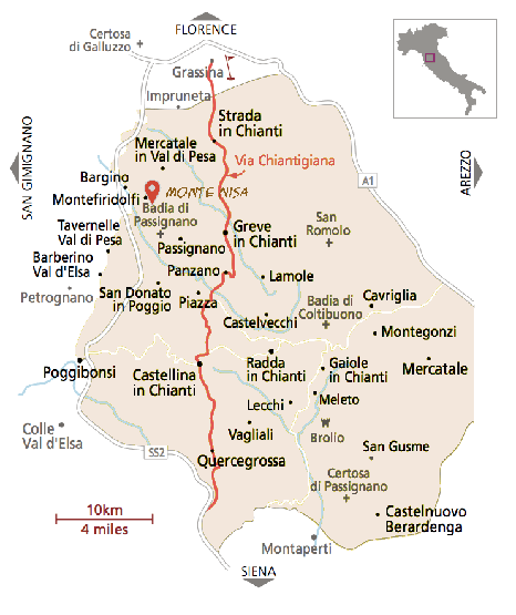 Map of Chianti with the SR222 Chiantigiana and the position of Monte Nisa
